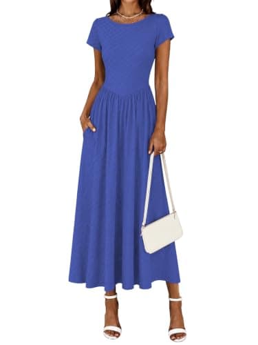 YUNDAI Women's Short Sleeve Maxi Dress with Pocket Elegant Fit and Flare Lace Up Back Dress Blue