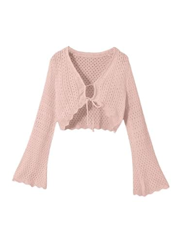 OYOANGLE Girl's Summer Crochet Cardigan Sweater Tie Front Hollow Out Tops