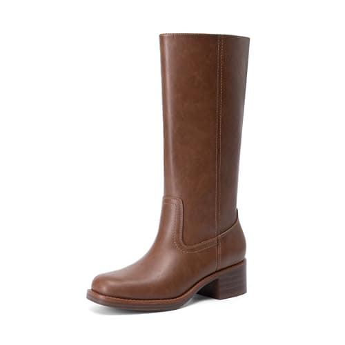 DREAM PAIRS Women's Mid Calf Riding Boots Square Toe Retro Banana Boots Chunky Block Heel Pull-On Fashion Boots,Size 7,Brown,SDMB26004W