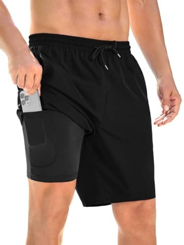 INCERUN Mens Swim Trunks with Compression Liner Quick Dry Bathing Suit Waterproof 2 in 1 Swimming Beach Board Shorts Swimwear Swimsuit for Men with 3 Zipper Pockets Black Small