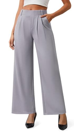 AVAMO Womens Dress Pants Wide Leg Pull On Stretchy Work Pants for Women with Pockets High Elastic Waist Office Business Light Grey