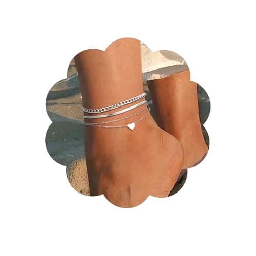 FindChic Women's Anklets Set 3pcs Ankle Bracelets Herringbone Chain Cuban Link Heart Charm Summber Waterproof Foot Jewelry