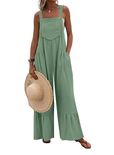 Dokotoo Women's Lace Casual Overalls Summer Jumpsuit Loose Baggy Wide Leg Ruffle Pants Rompers with Pockets,Bean Green Small