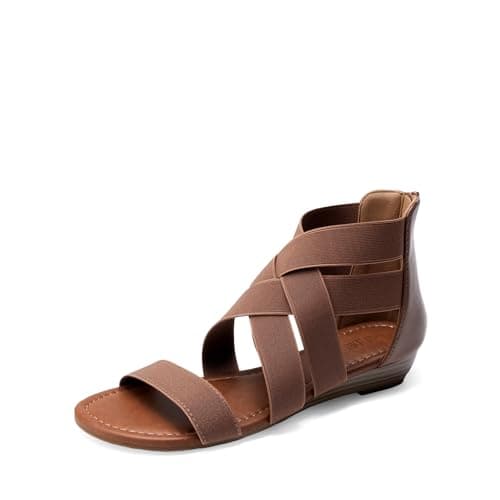 DREAM PAIRS Women's Elastic Ankle Strap Sandals Gladiator Strappy Low Wedges Sandals,Size 5.5,Dark Brown-Elastic,ELASTICA8
