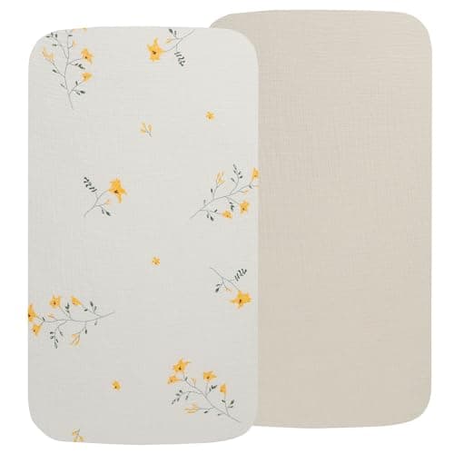 Onacosht Muslin Mini Crib Sheets, 39" x 27", 2 Pack, Beige & Yellow Blossom