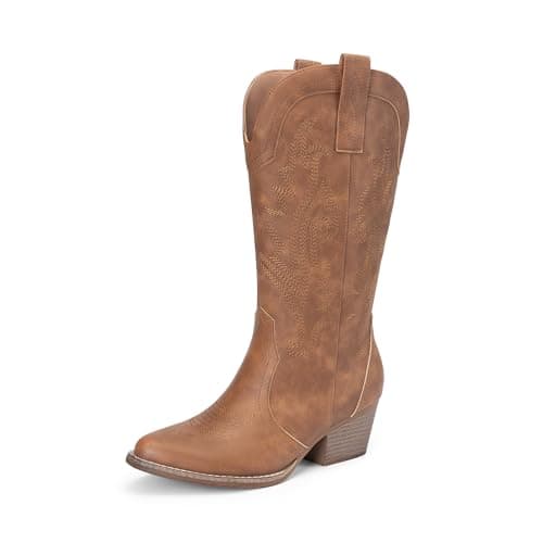 DREAM PAIRS Women's Cowboy Cowgirl Boots Embroidered Pointed Toe Low Heel Western Mid Calf Boot for Theme Party Country Concert,Size 7,All Brown,DWUMMB2503