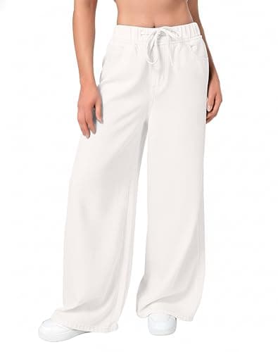 roswear Women's Wide Leg Jeans with Drawstring, Linen White, X-Large