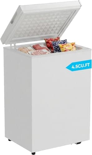 TABU 4.5 Cubic Feet Chest Freezer, Energy Saving Chest Deep Freezer with 7 Level Adjustable Thermostat, Top Opening Compact Freezer with Removable Storage Basket (White)
