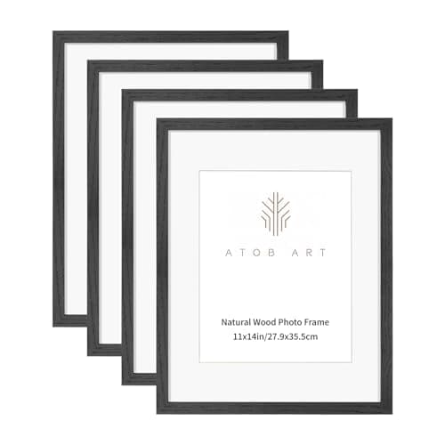 ATOBART 11x14 Picture Frames Solid Wood, 4 Pack OAK Photo Frame Set, Natural Wood Color Frames, for Wall Mounting or Tabletop Display Black