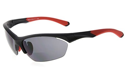 Eyekepper TR90 Sports Bifocal Sunglasses Baseball Running Fishing Driving Golf Softball Hiking Half-Rimless Reading Glasses (Black Frame Red Temple, 2.00)