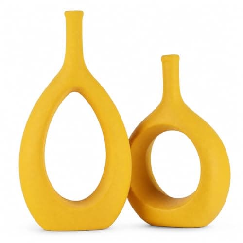 Yellow Ceramic Vase Set 2,Modern Hollow Circle with Hole Flower Vase for Home Decor,for Table Centerpieces,Farmhouse,Fire Place,Living Room,Bedroom,Office,Bookshelf,Rustic Decor