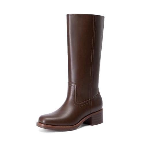 DREAM PAIRS Women's Mid Calf Riding Boots Square Toe Retro Banana Boots Chunky Block Heel Pull-On Fashion Boots,Size 6,Dark Brown,SDMB26004W