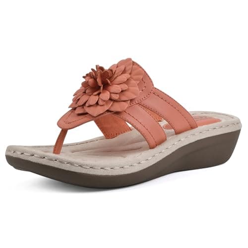 CLIFFS BY WHITE MOUNTAIN Women's Cassia Mini Wedge Flower Flip Flop Sandal, Orange/Smooth, 10 W