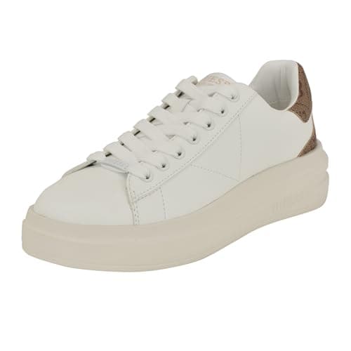 Guess Women's Elbina Sneaker, White/Medium Brown Logo 140, 8