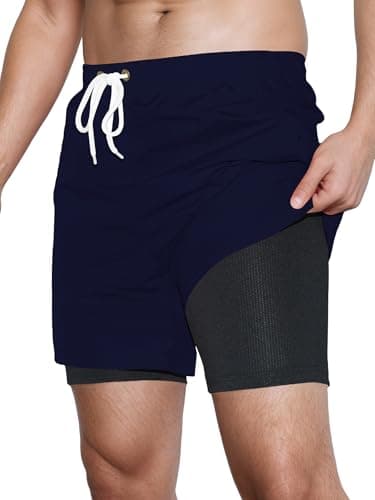 Asrlivp Mens Swim Trunks with Compression Liner Quick Dry 5 inch Inseam Beach Shorts Swimwear Board Shorts Bathing Suit(M,Navy Blue)