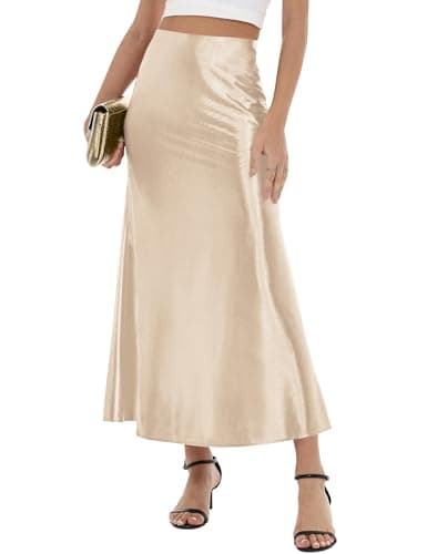 LOMON Women's Satin Flowy Skirts High Waist Hidden Elasticized Waistband Flowy Casual A Line Maxi Skirt Champagne S