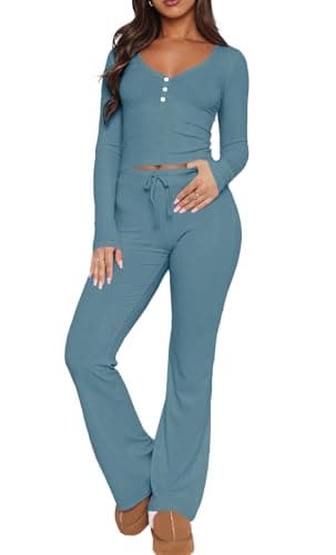 REVETRO 2026 Spring Lounge Sets For Women Two Piece Set Sexy Pajama Sets Long Sleeve Shirts Spring Outfits Workout Set for GYM Blue XS