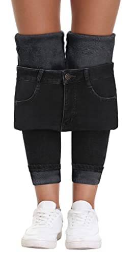 AMRSPENG Women's Lined Jeans Women Black Fleece Jeans Winter Warm Thermal Flannel Lined Pants High Waist Skinny Jeans,Black, Size 16