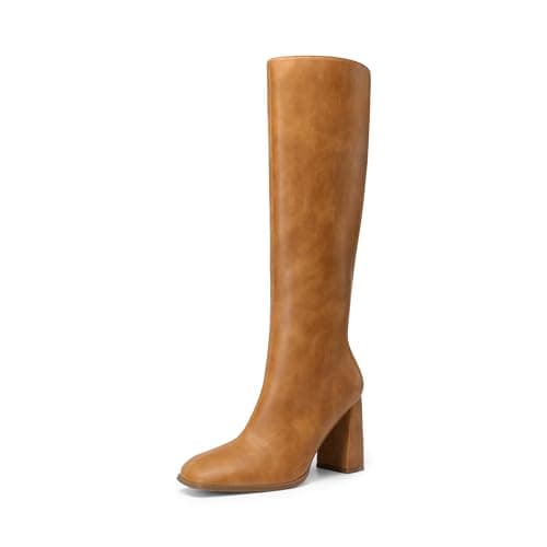 DREAM PAIRS Knee High Boots for Women Square Toe Gogo Chunky Heel Tall Boot Fashion Side Zipper Long Boot,Size 6.5,Yellow,SDKB2407W