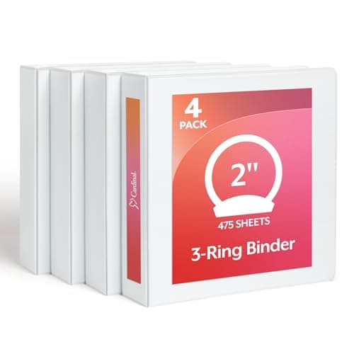 Cardinal 2 Inch 3 Ring Binders, White, 4 Pack, Round Ring Binder, Holds 475 Sheets, PVC Free, Customizable Covers, 2 Pocket View Binders for Office and School Organization