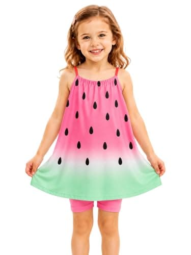 HILEELANG Girls Dress and Shorts Set for Toddler Little Girls Watermelon Cotton Sleeveless Swing Dress with Bike Shorts Summer Outfit 3Y