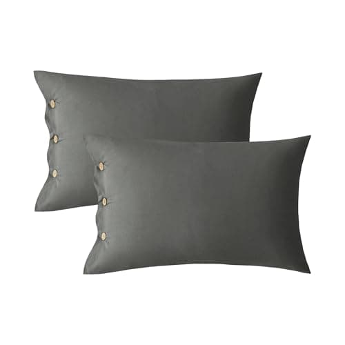 JELLYMONI King Set of 2 Cotton Button Pillow Covers 20×36in Grey Bed Pillow Cases 100% Washed Cotton Soft Breathable