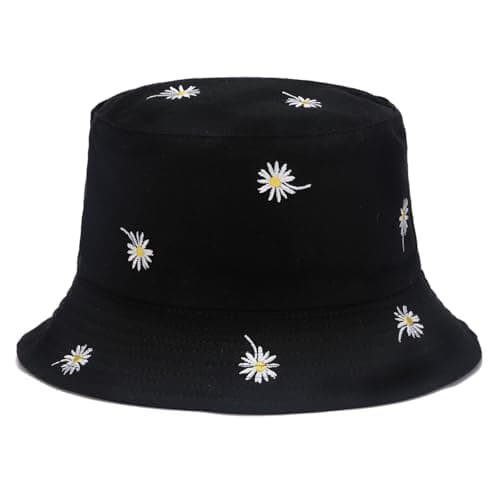 Gadfary Reversible Bucket Hat for Women Summer Travel Fisherman Cap, Girls Cute Double Side Wear Bucket Cap (Daisy Black)