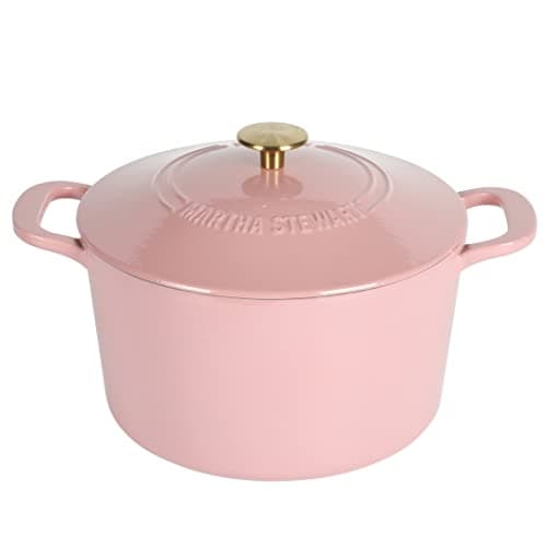 MARTHA STEWART Gatwick 7-Quart Enamel Cast Iron Dutch Oven Pot with Lid – Pink – Heavy-Duty Dutch Oven for Slow Cooking, Braising & Baking