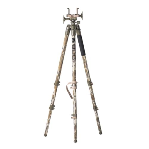 BOG DeathGrip Mossy Oak Bottomland Camo Tripod with Durable Aluminum Frame, Lightweight, Stable Design, Bubble Level, Adjustable Legs, and Hands-Free Operation for Hunting, Shooting, and Outdoors