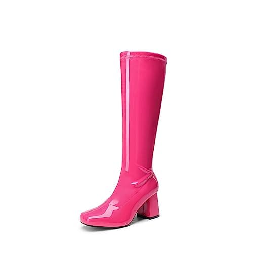 DREAM PAIRS Women's Gogo Boots Square Toe Chunky Wide Calf Knee High Boots,Size 5.5,Hot Pink-Pat,SDKB2231W