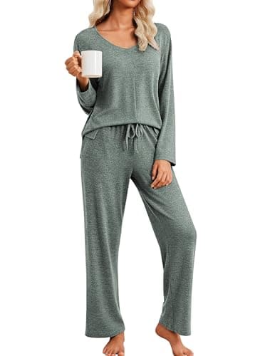 Ekouaer Fall Pajamas for Women Set Long Sleeve V Neck 2 Piece Lounge Sets