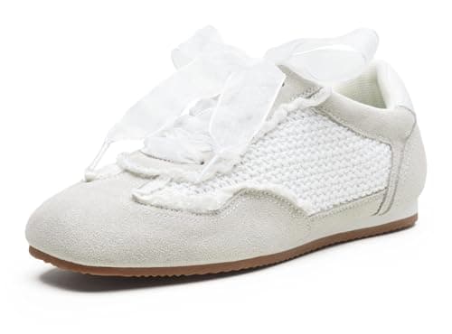 Vepose Women's White Grey Casual Dressy Retro Fashion Sneakers, Square Toe Suede Woven Raffia Lace Tennis Shoes, Comfortable Everyday Vacation Travel Work 8205, Size 7.5 US(CJY8205 whitegrey 07.5)