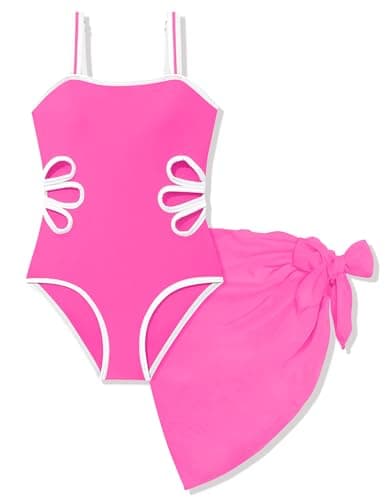 Klyatpxoen Girls Bathing Suits Size 10-12 Adjustable Straps Cut Out One Piece Swimsuit with Solid Color Cover Up Skirt Kids Swimwear Teen Swim Suits Pink (Size 11-12)