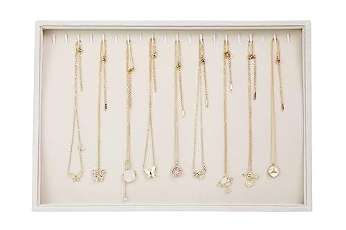 Stratalife Necklace Organizer Stackable Jewelry Organizer 20 Hooks Large Jewelry Tray Velvet Necklaces Holder Bracelet Storage for Women Girls Beige