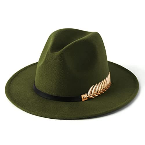 HUDANHUWEI Women's Wide Brim Fedora Panama Hat with Metal Belt Buckle Green-1
