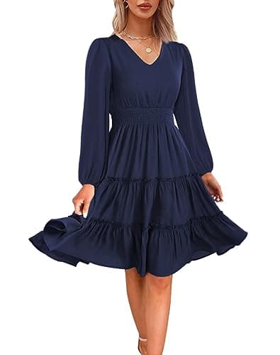 Zattcas Women 2026 Long Sleeve Fall Dresses V Neck Smocked Wasit Casual Flowy A Line Tiered Modest Teacher Work Knee Length Dress Navy XL
