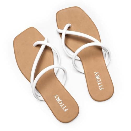FITORY Women's Slide Sandals Flat Flip Flops with Cross Strap Thongs for Summer Size 7 White
