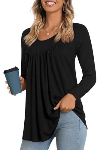 LONGYUAN Women's Long Sleeve Casual Tunics Tops 2026 Winter Loose Shirts Black L