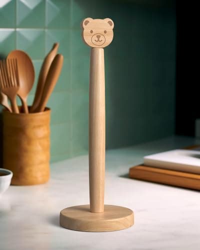 KitchLife Cute Wooden Paper Towel Holder Countertop - Solid Freestanding Paper Towel Dispenser Stand Organizer with Anti-Skid Base (Bear)