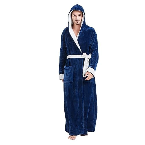 FashGudim Mens Robes Big and Tall with Hood Two-Tone Flannel Fleece Contrast Bathrobe Full Length Plush Long Robe Warm House Coat (Navy & White, XXXL)