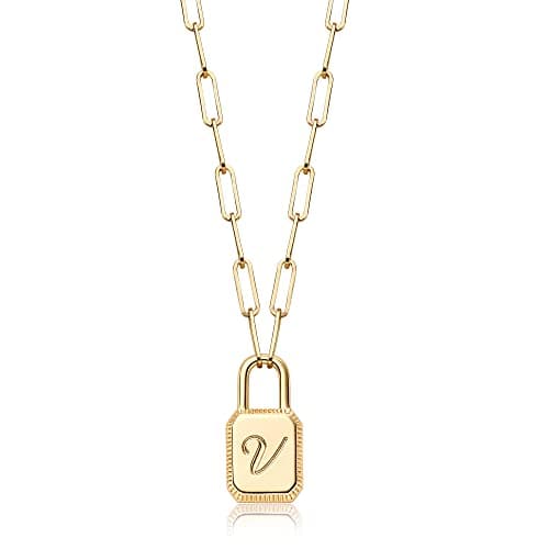 MTMY Lock Initial Necklace 14K Gold Plated Adjustable Paperclip Chain Dainty Lock Pendant Necklace Personalized Engraved Letter Jewelry for Women(V)