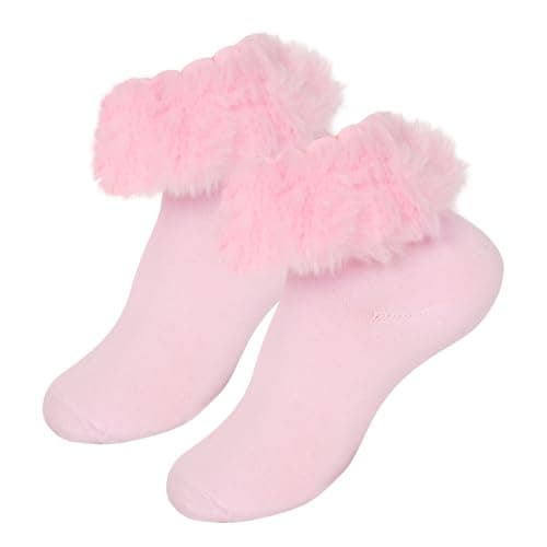 Pistha Girls Ruffle Socks Toddler Frilly Lace Dress Socks with Soft Furry Ruffle Trim for Little Girls 3-5 Years,1 Pack,Pink