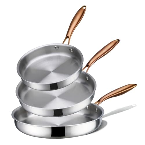 CAROTE 3-Piece Tri-Ply Stainless Steel Frying Pan Set, Skillet Set 8"/10"/12", Induction Compatible, Oven & Dishwasher Safe, Gold Handle, Mothers Day Gifts