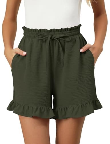 IECCP Womens Shorts 2026 Summer Casual Cute Ruffle Shorts Comfy Elastic Waist Drawstring Pleated Short with Pockets Green M