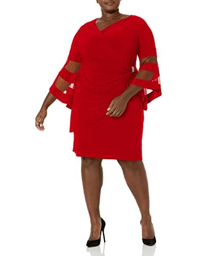 R&M Richards Women's Elegant Wrap Dress W/Sheer Angel Sleeves & Side Rhinestone Accent