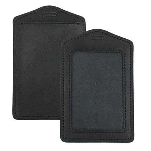 2 Pcs Black Leather ID Badge Holder, Single-Side Waterproof Clear Card Holder, Name Badge Holders for Office Staff (Smooth)
