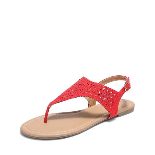 DREAM PAIRS Women's Rhinestone Casual Wear Cute Gladiator Flat Sandals Beach Dressy T-Strap Thong Sandals,Size 5,Red,MEDINIE
