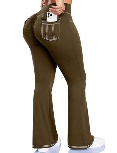 SEASUM Workout Butt Lifting Flare Leggings with Pockets for Women Scrunch Cargo Gym Casual Denim-Look Yoga Pants Army Green M