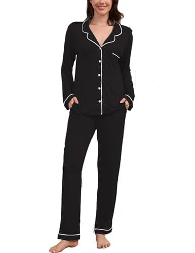 FENNAT Pajama Sets Women Soft Long Sleeve Button Down Sleepwear Classic Ladies Pjs Lightweight Lounge Sets Black with Pockets, XXL
