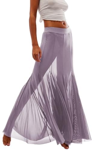 Womens Maxi Skirt Mesh High Waisted Pleated Sexy Sheer Boho Beach Cover Up Flowy Long Tulle Skirts Purple